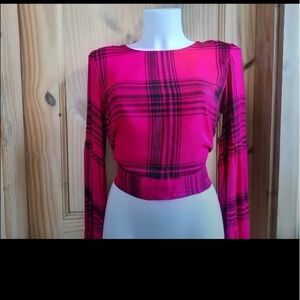 Wild Fable Hot Pink and Black Plaid Bishop Sleeve Top